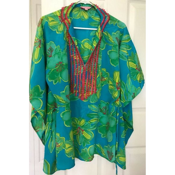 Lilly Pulitzer Tops - READ 100% Silk Lilly Pulitzer Blue Green Floral Beaded Women's Tunic Shirt S M